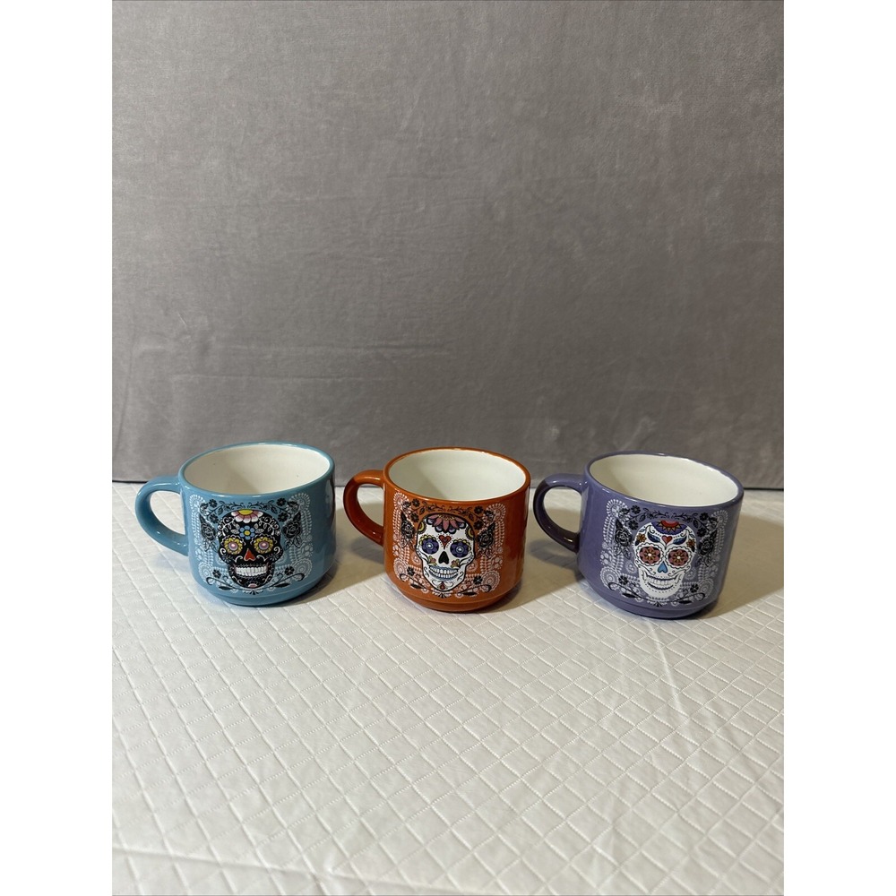 Prima Designs Day Of Dead Sugar Skulls Stacked Coffee Mugs Lot of 3‎ & Stand - Picture 3 of 6